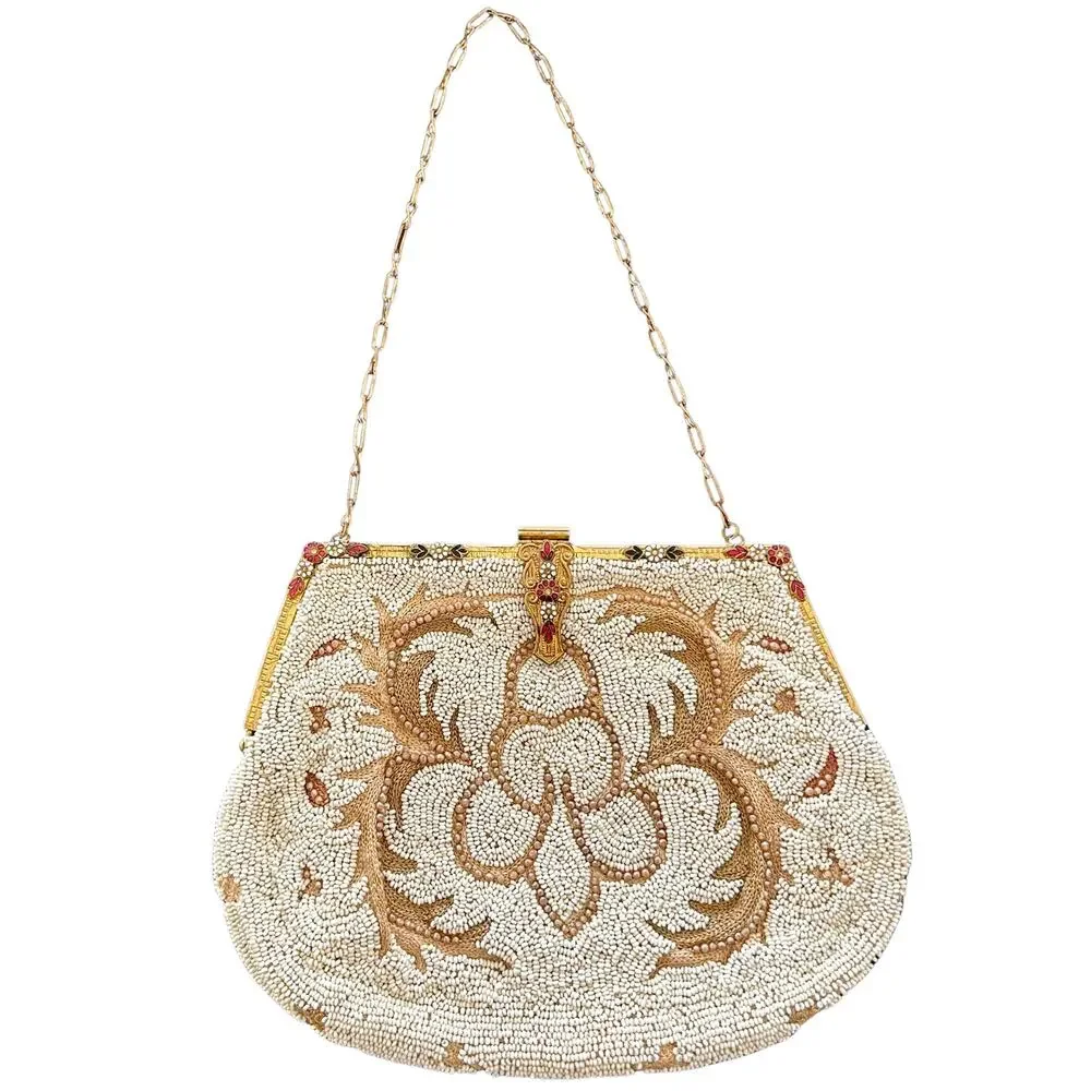 Vintage 1940s 1950s Beaded Evening Purse Gold Frame Chain Floral Bridal Bag